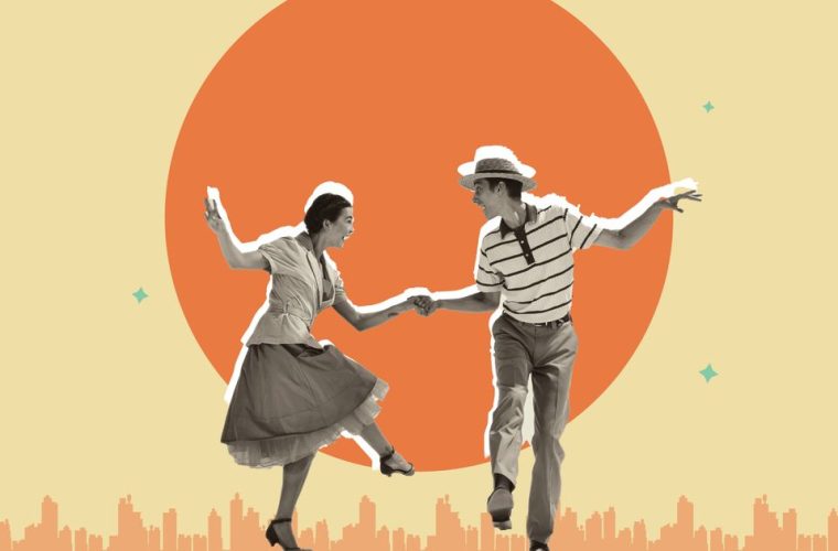 Bezoekers dansen lindy hop op het Delft Jazz Festival in Theater de Veste, met live optredens van The Royal Croquettes
